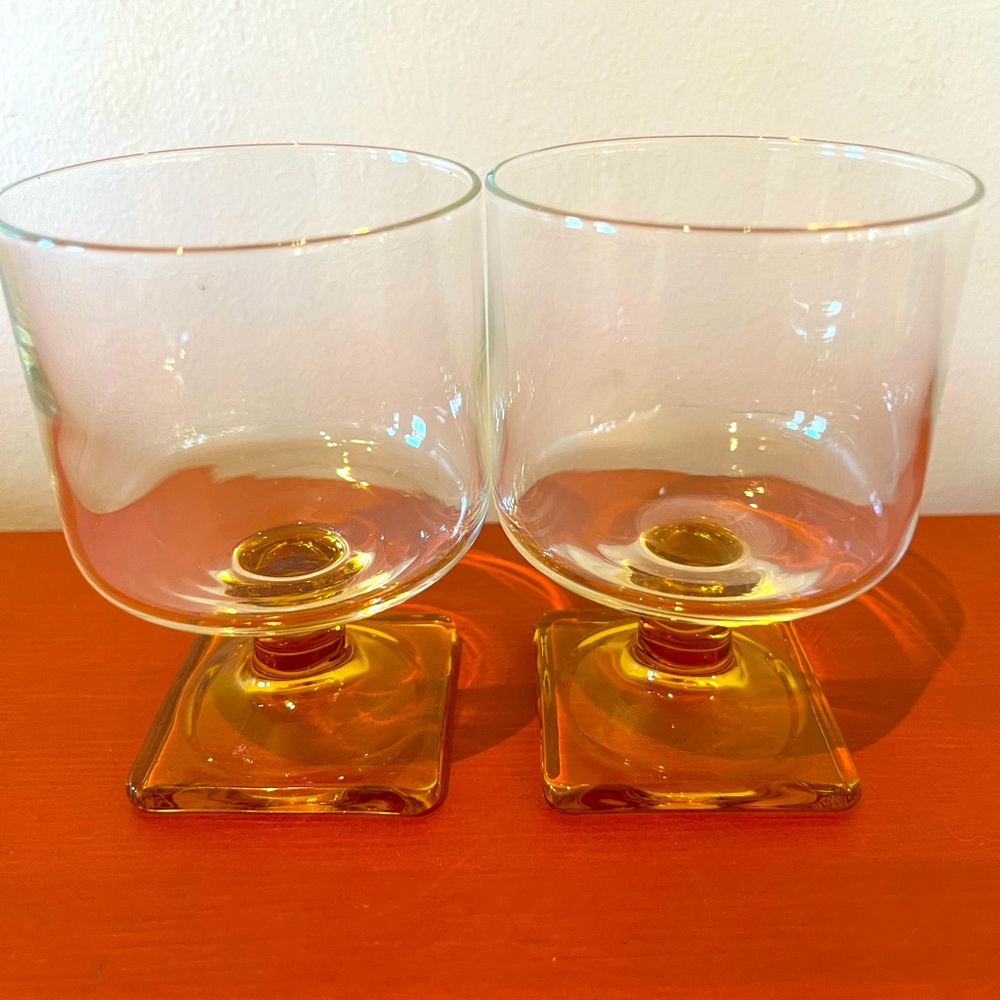Vintage Federal Glass 2 Cocktail Glasses Nordic Topaz Square set Barware yellow